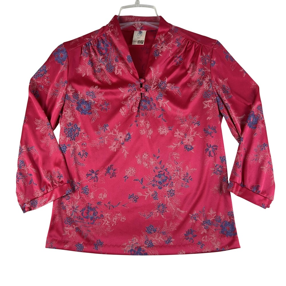 Vtg Sears Blouse Womens Small Floral Satin V-Neck 3/4 Sleeve USA Union Made 70s